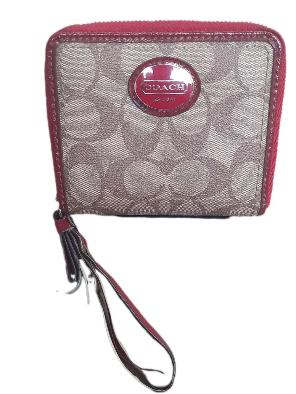 Coach Beige Signature Canvas Wallet with Pink Trim and Tassel Wristlet - Picture 1 of 3